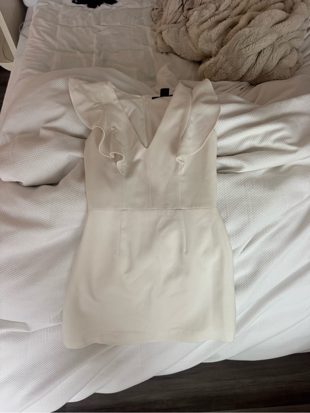 French Connection Cream Ruffle V-Neck Mini Dress
